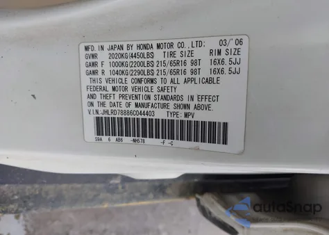 2006 Honda Cr-V Ex z USA, uszkodzony, nr VIN JHLRD78886C044403